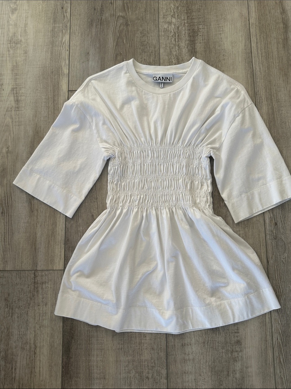 Ganni White Smocked-Waist Short Sleeve Kids Top